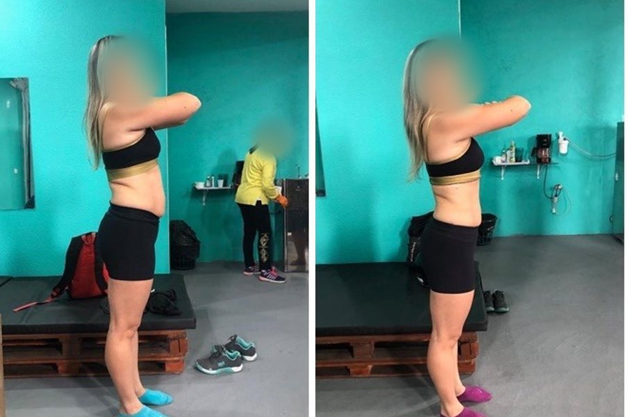 Participante de perfil em academia, antes e depois do desafio